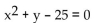 <strong>List the intercepts for the graph of the equation.  </strong> A) (0, -5), (25, 0), (0, 5) B) (-5, 0), (0, -25), (5, 0) C) (5, 0), (0, 25), (0, -25) D) (-5, 0), (0, 25), (5, 0) <div style=padding-top: 35px> 