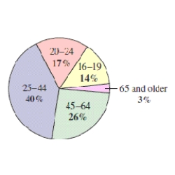 <strong>There were approximately 6.92 million unemployed workers in the United States.The circle graph shows the age profile of these unemployed workers.Estimate the number of unemployed workers in the 16-19 age group.(Round your answer to two decimal places.) </strong> A)2.97 million B)4.97 million C)1.97 million D)0.97 million E)3.97 million