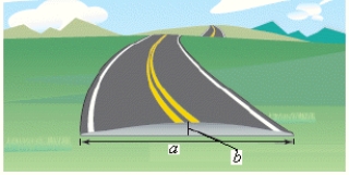 Roads are often designed with parabolic surfaces to allow rain to drain off.A particular road that is 44 feet wide is 0.4 foot higher in the center than it is on the sides (see figure). Where a = 44 ft, b = 0.4 \mathrm { ft } Find an equation of the parabola that models the road surface.(Assume that the origin is at the center of the road.)