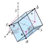 Use the triple scalar product to find the volume of the parallelepiped having adjacent edges u,v,and w. \begin{array} { l } \mathbf { u } = ( 1,1,2 ) \\ \mathbf { v } = ( 2,2,2 ) \\ \mathbf { w } = ( 2,0,2 ) \end{array} \mathrm { a } = ( 1,1,2 ) , \mathrm { b } = ( 2,2,2 ) , \mathrm { c } = ( 2,0,2 )