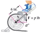 The brakes on a bicycle are applied by using a downward force of p pounds on the pedal when the six-inch crank makes a angle with the horizontal.Vectors representing the position of the crank and the force are \mathbf { V } = \frac { 1 } { 6 } \left( - \cos 70 ^ { \circ } \mathbf { j } - \sin 70 ^ { \circ } \mathbf { k } \right) and \mathbf { F } = - p \mathbf { k } respectively.The magnitude of the torque on the crank is given by \| \mathbf { V } \times \mathbf { F } \| .Using the given information,write the torque T on the crank as a function of p.