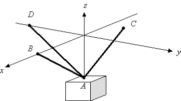  The weight of a crate is 300 newtons.Find the tension in each of the supporting cables shown in the figure.The coordinates of the points A,B,C,and D are given below the figure.Round to the nearest newton.   [Figure not necessarily to scale.] point A = (0,0,-80),point B = (140,0,0),point C = (-50,50,0),point D = (0,-180,0)  \vec { T } + m \vec { g } = 0