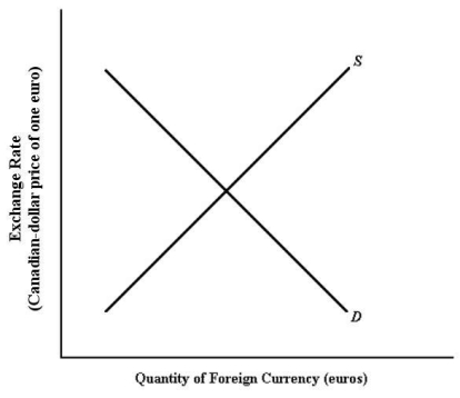<strong> FIGURE 34-1 Refer to Figure 34-1.A fall in the exchange rate (moving down the vertical axis)indicates</strong> A)that more dollars are needed to purchase one euro. B)that fewer euros are required to purchase one Canadian dollar. C)an appreciation of the Canadian dollar. D)a depreciation of the Canadian dollar. E)no effect on the value of the currency.