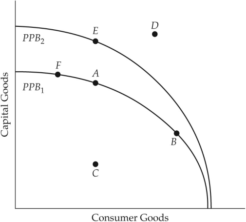 <strong>The diagram below shows two production possibilities boundaries for Country X. FIGURE 1-4 Refer to Figure 1-4.Suppose Country X is currently producing at point E.Country X could achieve production at point D if</strong> A)the given resources were fully employed. B)the given resources were more efficiently employed. C)sufficient improvements in technology occurred in either the capital goods industry or the consumer goods industries. D)firms reduced output of capital goods. E)the prices of capital goods and consumption goods fell.