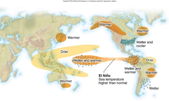 Scientists cannot predict when an El Niño will begin.But once it does, forecasters are able to predict changes to weather patterns.What would be a predicted weather effect of an El Niño?