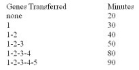 <strong>The data below shows recombination of genes (1-5)according to the amount of time available for transfer of the bacterial chromosome during conjugation between different genetic strains in E coli.Based on these data,which gene is closest to gene 1? (Note: The entire chromosome is transferred in 100 minutes.) </strong> A)gene 2 B)gene 3 C)gene 4 D)gene 5