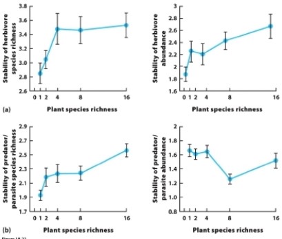 <strong> Which response variable (on the y axis) did NOT increase with plant species richness?</strong> A) stability of herbivore species richness B) stability of herbivore abundance C) stability of predator and parasite species richness D) stability of predator and parasite abundance