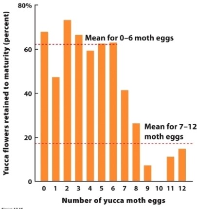 <strong> (Figure 17.15) This figure indicates that yucca plants</strong> A) select for moths that pollinate their flowers. B) select for moths that lay fewer eggs per flower. C) select for moths that lay many eggs per flower. D) do not select for any moth trait.