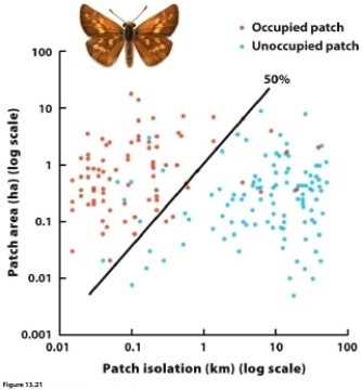 There are two key predictions about how extinction probability and colonization probability affect metapopulation dynamics. List these predictions and explain how they are illustrated by this figure.