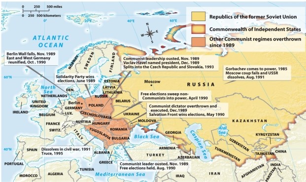 <strong>According to Map 31.1: Events in Eastern Europe, 1989-2002, which countries were formerly held by Communist regimes? </strong> A) Poland, Armenia, Estonia B) Romania, Georgia, Latvia C) Poland, Romania, Bulgaria D) Italy, Belarus, Hungary
