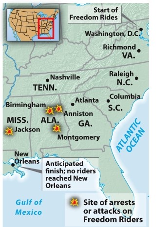 According to the map titled Civil Rights Freedom Rides, May 1961, which of the following is true?