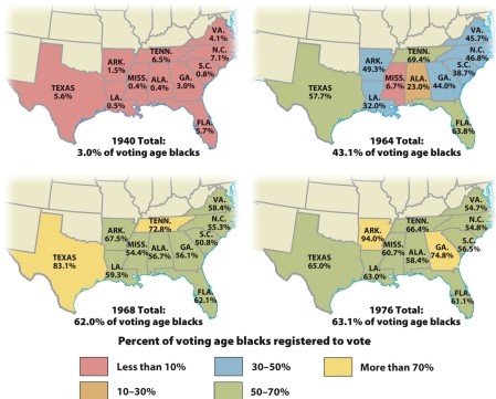According to Map 28.2: The Rise of the African American Vote, 1940-1976, what southern state was the first in which more than 80 percent of eligible African Americans registered to vote?