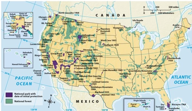 <strong>According to Map 21.1: National Parks and Forests, which of the following was the most recently established national park or forest? </strong> A) Guadalupe Mountains B) Bryce Canyon C) Redwood National Park D) Yellowstone National Park