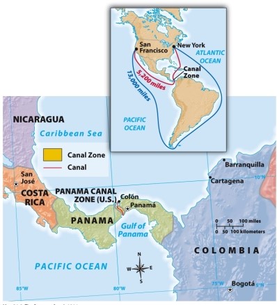 <strong>According to Map 21.2: The Panama Canal, 1914, what was one benefit of the Panama Canal? </strong> A) The U.S. Navy could navigate through the middle of Costa Rica. B) The U.S. Navy could navigate more quickly from New York to the southern coast of Africa. C) The U.S. Navy had a shorter path from the Atlantic to the Pacific. D) The Caribbean Sea became accessible to the U.S. Navy for the first time.