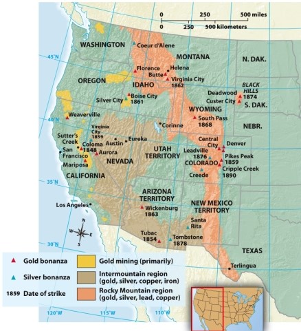 <strong>According to Map 17.2: Western Mining, 1848-1890, in which state was lead available? </strong> A) California B) Nevada C) Wyoming D) Oregon