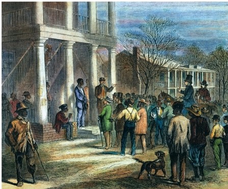 <strong>The 1868 drawing Selling a Freeman to Pay His Fine at Monticello, Florida, equated the newly instated black codes to what? </strong> A) Reenslavement B) The enfranchisement of women C) The establishment of a government dominated by blacks D) The rehabilitation of the southern economy