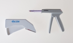 <strong>NARRBEGIN: Figure 02-122 A The instrument pictured above would be used to staple:</strong> A) Bowel B) A gastric pouch C) A large blood vessel D) Skin