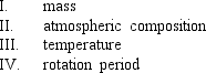 <strong>How rapidly a planet loses its atmosphere depends on the planet's:  </strong> A) I & II B) III & IV C) I,II,& III D) II,III,& IV E) I,II,III,& IV <div style=padding-top: 35px> 