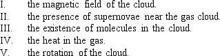 <strong>The factors that resist collapse in a gas cloud are </strong> A) I,III,& V B) I,IV,& V C) II,III,& IV D) II,IV,& V E) III,IV,& V