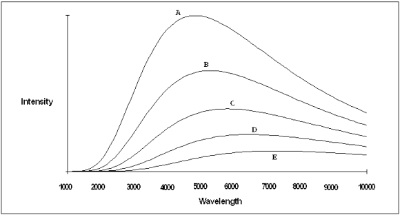 <strong>A plot of the continuous spectra of five different stars is shown in the figure below.Based on these spectra,which of the stars is the hottest? </strong> A) Star A B) Star B C) Star C D) Star D E) Star E