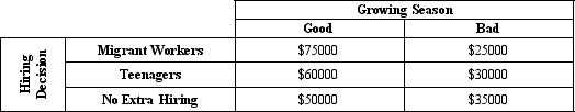 <strong>A farm owner has three possible hiring decisions.His profits depend on the growing season as shown below.If the probability of a good growing season is 0.75.If the farmer is risk averse, he would ________________________ . </strong> A)hire migrant workers B)hire teenagers C)do not do any extra hiring D)make the same decision as he would using the expected value approach E)give up farming