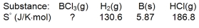 <strong>Elemental boron can be formed by reaction of boron trichloride with hydrogen. If \Delta S \degree = 80.3 J/K for the reaction above, what is S \degree for BCl<sub>3</sub>(g)?</strong> A) -18.2 J/K*mol B) 18.2 J/K*mol C) 290.1 J/K*mol D) 355.4 J/K*mol E) 450.6 J/K*mol