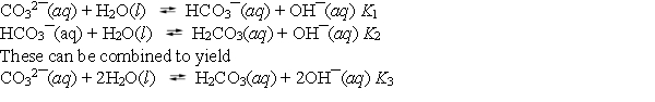 About half of the sodium carbonate produced is used in making glass products because it lowers the melting point of sand, the major component of glass. When sodium carbonate is added to water, it hydrolyses according to the following reactions. What is the value of K<sub>3</sub>?
