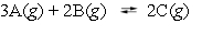  Compounds A, B, and C react according to the following equation.   At 100  \degree C a mixture of these gases at equilibrium showed that [A] = 0.855 M, [B] = 1.23 M, and [C] = 1.75 M. What is the value of K<sub>c</sub> for this reaction? 