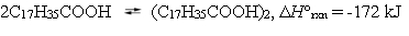 Stearic acid, nature's most common fatty acid, dimerizes when dissolved in hexane: The equilibrium constant for this reaction at 28 \degree C is 2900. Estimate the equilibrium constant at 38 \degree C.