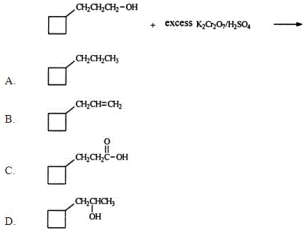 <strong>Identify the organic product when 3-cylcobutyl-1-propanol reacts with excess potassium dichromate in sulfuric acid. </strong> A) A B) B C) C D) D E) None of these choices are correct.