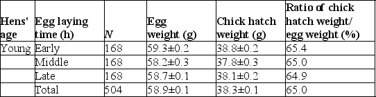 <strong>Scenario: Poultry scientists recorded data to help maximize farmers' yields. They collected data about when in the life of eggs were laid by hens, how many eggs were laid by each hen in a particular age range, the weight of those eggs and the weight of the chicks that eventually hatched from those eggs. Examine the data table to answer the following questions Egg and Chick Weight from Hens of Different Ages Which hypothesis can be addressed with these data?</strong> A)The time of egg laying has an impact on egg weight. B)Bigger eggs result in larger mature chickens. C)Young hens have fewer offspring (chicks)alive at 3 months than do older hens. D)Egg weight is related to the amount of yolk in an egg.