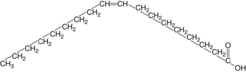 <strong>Oleic acid is a fatty acid that occurs naturally in many animal and vegetable fats and oils. What can you tell about oleic acid just by looking at its structure? </strong> A)Oleic acid is an unsaturated fatty acid. B)Oleic acid is a saturated fatty acid. C)Oleic acid is a trans fatty acid.