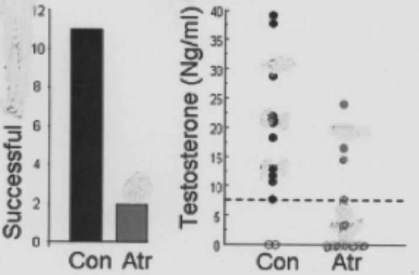 -In the study shown in the figure, male African clawed frogs were treated with atrazine, which is the most commonly applied herbicide (weed-killer)in the world.. These frogs were compared to other untreated frogs. Treated and untreated frogs were presented with a female and the number of successful matings of each was recorded. What questions can be answered by these data?