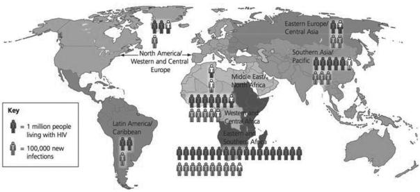 <strong>The figure shows the incidences and infection rates of HIV around the world. What can you conclude from this figure? </strong> A)There were approximately 1.5 million people living with HIV in Eastern Europe/Central Asia in 2015. B)Southern Asia/Pacific has the most people living with HIV in 2015 C)There were approximately 2 million new infections of HIV in Latin America /Caribbean in 2015. D)The numbers of new infections of HIV in Southern Africa will continue to rise in the future.