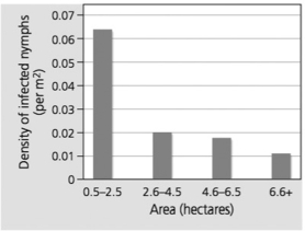 <strong>This graph shows the results of a study on black-legged tick nymphs that are infected with the Lyme disease bacterium. The density of infected nymphs was calculated for forest fragments of different sizes (area in hectares). Answer the following questions using this graph. Humans can be infected with the Lyme disease bacterium. According to the graph, a hiker has the highest risk of encountering an infected black-legged tick nymph in forests that are ________ in area.</strong> A)1 hectare B)3 hectares C)5 hectares D)10 hectares