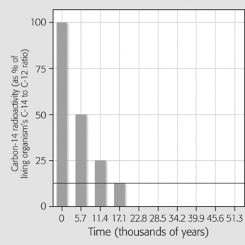 <strong>The graph below shows data regarding radioactive decay of carbon-14. If decay continues to occur normally, how much C-14 will remain after 22,800 years? </strong> A)25% B)12.5% C)6)25% D)3)125%