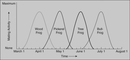 <strong>Read the following scenario to answer the following questions. As part of a semester-long biology field research course, you are studying reproductive barriers among four different frog species. Your goal is to determine what type of reproductive barrier likely causes the gene pools of the four different frog species to be isolated. These four species share common geographic habitats and are both anatomically and gametically compatible. Your research professor gives you the following figure to consider. After studying the figure, answer the questions that follow. If the researchers of this study wanted to collect reliable data about natural behavior, which methodology should they choose?</strong> A)The researchers should collect multiple male and female frogs from each species and study them in a lab environment to determine their normal breeding seasons. B)The researchers should study multiple male and female frogs from each species in their natural environments to determine their normal breeding seasons. C)The researchers should collect multiple male and female frogs from each species, mix males and females from each species, and study the mixed pairs in a lab environment to determine their normal breeding seasons. D)The researchers should study one male and female frog from each species in their natural environments to determine their normal breeding seasons.