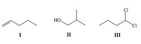 <strong>How many unique protons are present in each of the following compounds? </strong> A)I = 6; II = 3; III = 6 B)I = 5; II = 4; III = 6 C)I = 6,II = 4,III = 4 D)I = 6; II = 4; III = 6
