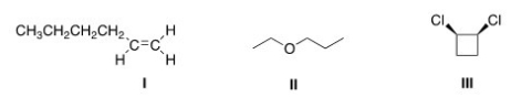 <strong>How many different kinds of protons are present in each of the following compounds? </strong> A)I = 6; II = 5; III = 3 B)I = 7; II = 5; III = 3 C)I = 7; II = 6; III = 3 D)I = 6; II = 6; III = 3