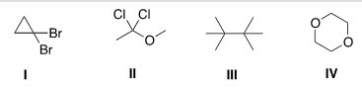 <strong>Which of the following compounds does not show only one signal in its <sup>1</sup>H NMR spectrum? </strong> A)I B)II C)III D)IV