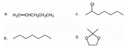 <strong>For each of the following compounds,indicate how many <sup>13</sup>C NMR signals will be observed. </strong> A)a: 4; b: 4; c: 7; d: 4 B)a: 5; b: 4; c: 7; d: 3 C)a: 4; b: 7; c: 7; d: 3 D)a: 5; b: 4; c: 6; d: 5