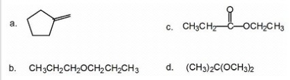 <strong>For each of the following compounds,indicate how many <sup>13</sup>C NMR signals will be seen. </strong> A)a: 3; b: 3; c: 5; d: 3 B)a: 4; b: 3; c: 5; d: 3 C)a: 3; b: 4; c: 5; d: 3 D)a: 4; b: 3; c: 3; d: 3