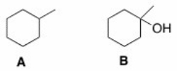 <strong>How could spectroscopy be used to distinguish between the following compounds? </strong> A)Compound A has a triplet in its <sup>1</sup>H NMR spectrum at 1.0 ppm. B)Compound B has a peak at 3200-3500 cm<sup>-1</sup> in its IR spectrum. C)Compound A has a peak in its IR spectrum at 2900 cm<sup>-1</sup>. D)Compound A has a triplet in its <sup>1</sup>H NMR spectrum at 1.0 ppm and compound B has a peak at 3200-3500 cm<sup>-1</sup> in its IR spectrum.