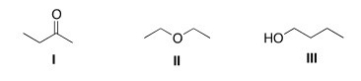 <strong>Consider the three organic compounds drawn below.Which of the following statements is (are)true about the IR spectra of I,II,and III? </strong> A)I shows strong absorptions at 2950 cm<sup>-1</sup> and 1700 cm<sup>-1</sup>. B)II shows strong absorptions at 2950 cm<sup>-1</sup> and 2250 cm<sup>-1</sup>. C)III shows strong absorptions at 2950 cm<sup>-1</sup> and 3200-3600 cm<sup>-1</sup>. D)Statements (I shows strong absorptions at 2950 cm<sup>-1</sup> and 1700 cm<sup>-1</sup>)and (III shows strong absorptions at 2950 cm<sup>-1</sup> and 3200-3600 cm<sup>-1</sup>)are true.