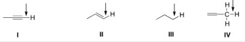 <strong>In an IR spectrum,which of the indicated C-H bonds exhibits a stretching absorption at the largest wave number? </strong> A)I B)II C)III D)IV