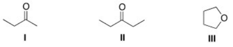 <strong>A compound X shows a molecular ion peak at m/z 72 in its mass spectrum,and a strong peak at ~1715 cm<sup>-1</sup> in its IR spectrum.Which structures are possible for compound X? </strong> A)I B)II C)III D)I and II