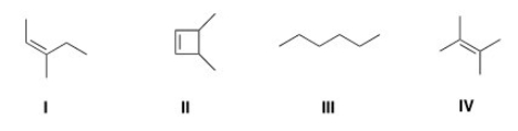 <strong>Which of the following structures is consistent with a compound that displays a molecular ion peak at 84 and infrared signals at 3000-2850 cm<sup>-1</sup> and no signals between 3000-3300 cm<sup>-1</sup>? </strong> A)I B)II C)III D)IV