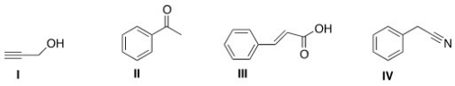 <strong>An IR spectrum has the following potentially important absorptions: 3091,3067,2963,2921,2252,1603,1499,1455,1416,1078,1031,941,735,and 696 cm<sup>-1</sup>.Indicate which structure corresponds to the IR data. </strong> A)I B)II C)III D)IV