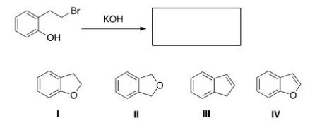 <strong>When the phenol shown below is treated with KOH,it forms a product whose IR spectrum does not show an absorption in the 3200-3600 cm<sup>-1</sup> region.Propose a structure for the product. </strong> A)I B)II C)III D)IV