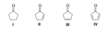 <strong>Which of the following compounds will have the lowest wavenumber for carbonyl absorption? </strong> A)I B)II C)III D)IV